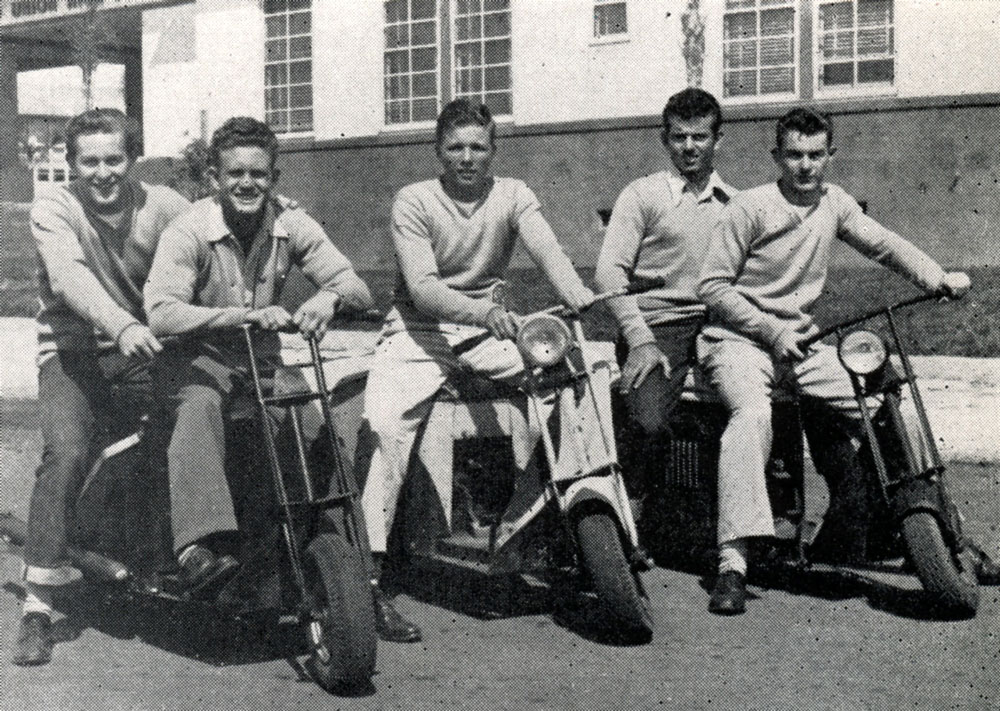 five boys on three scooters