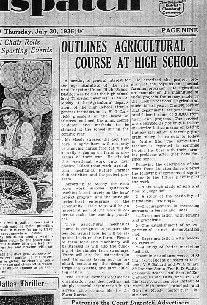 Coast Dispatch clipping about agricultural course at the new high school