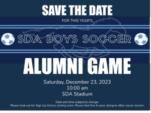 Save the date flyer for Alumni Boys Soccer Game